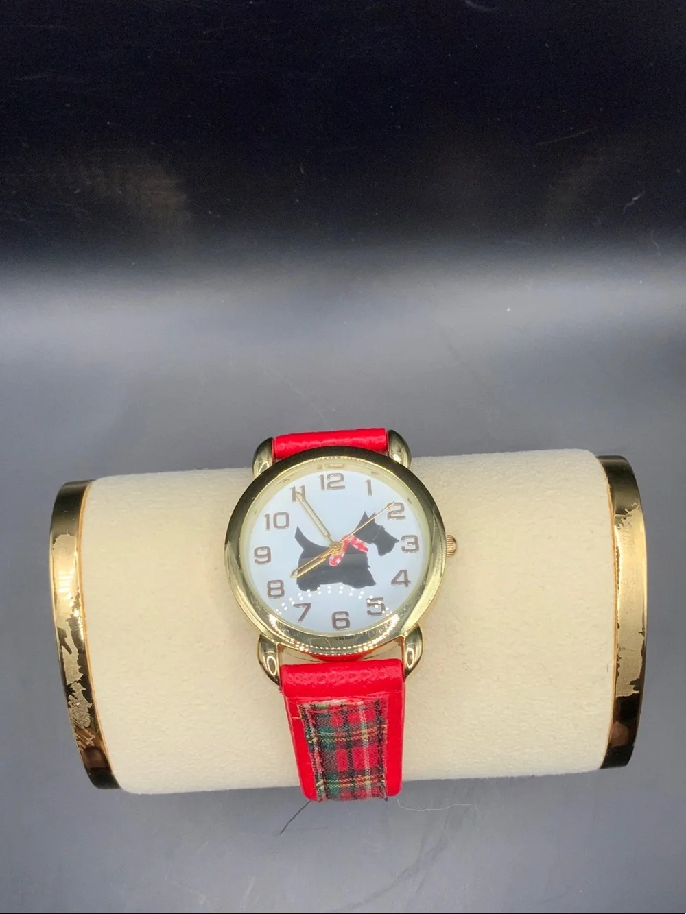Red Plaid Women's Fashion Watch with Gold Case